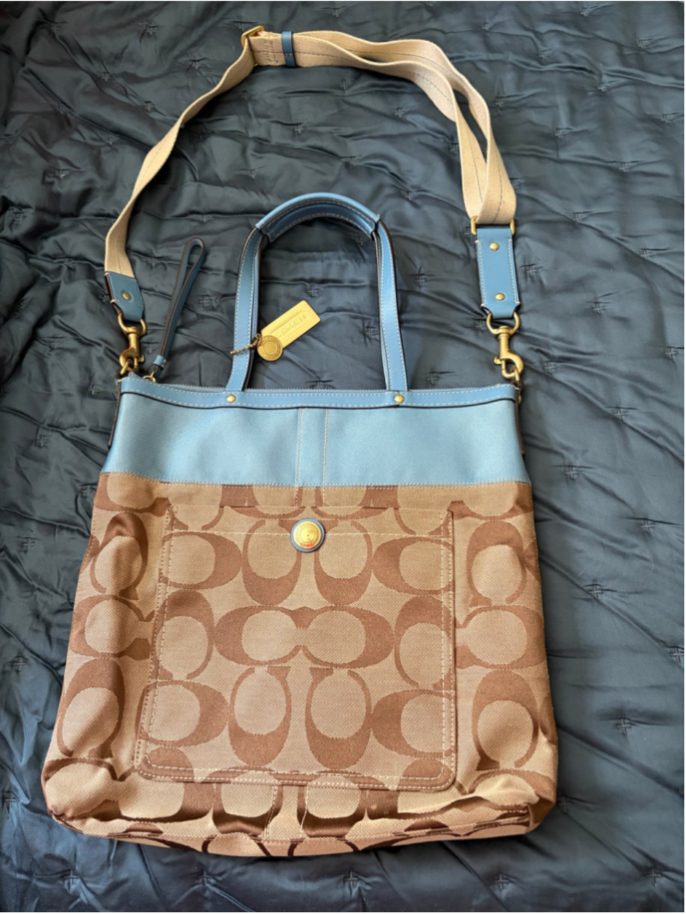 Women's Coach Signature Tote Bag One Size Beige and Blue